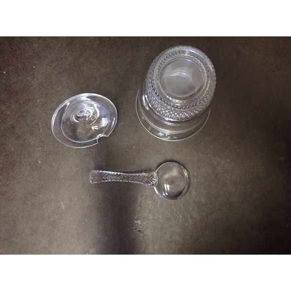 Vintage Duncan & Miller Clear Teardrop Texture Pebbled 3 Piece Glass Mustard Jar - Picture 6 of 10